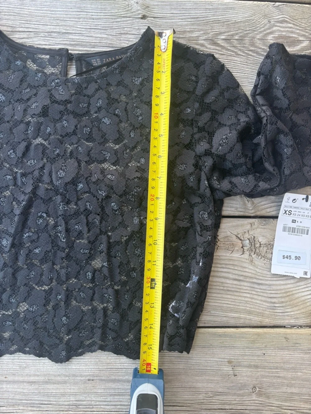 Zara Black Lace Sheer Cropped Top XS Floral 3/4 Sleeve NWT - Picture 6 of 11